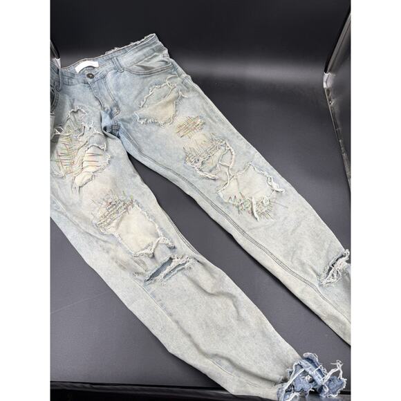 KDNK 11 4 14 11 Mens Size 38 Light Blue Heavy Distressed Denim Jeans - Picture 1 of 7